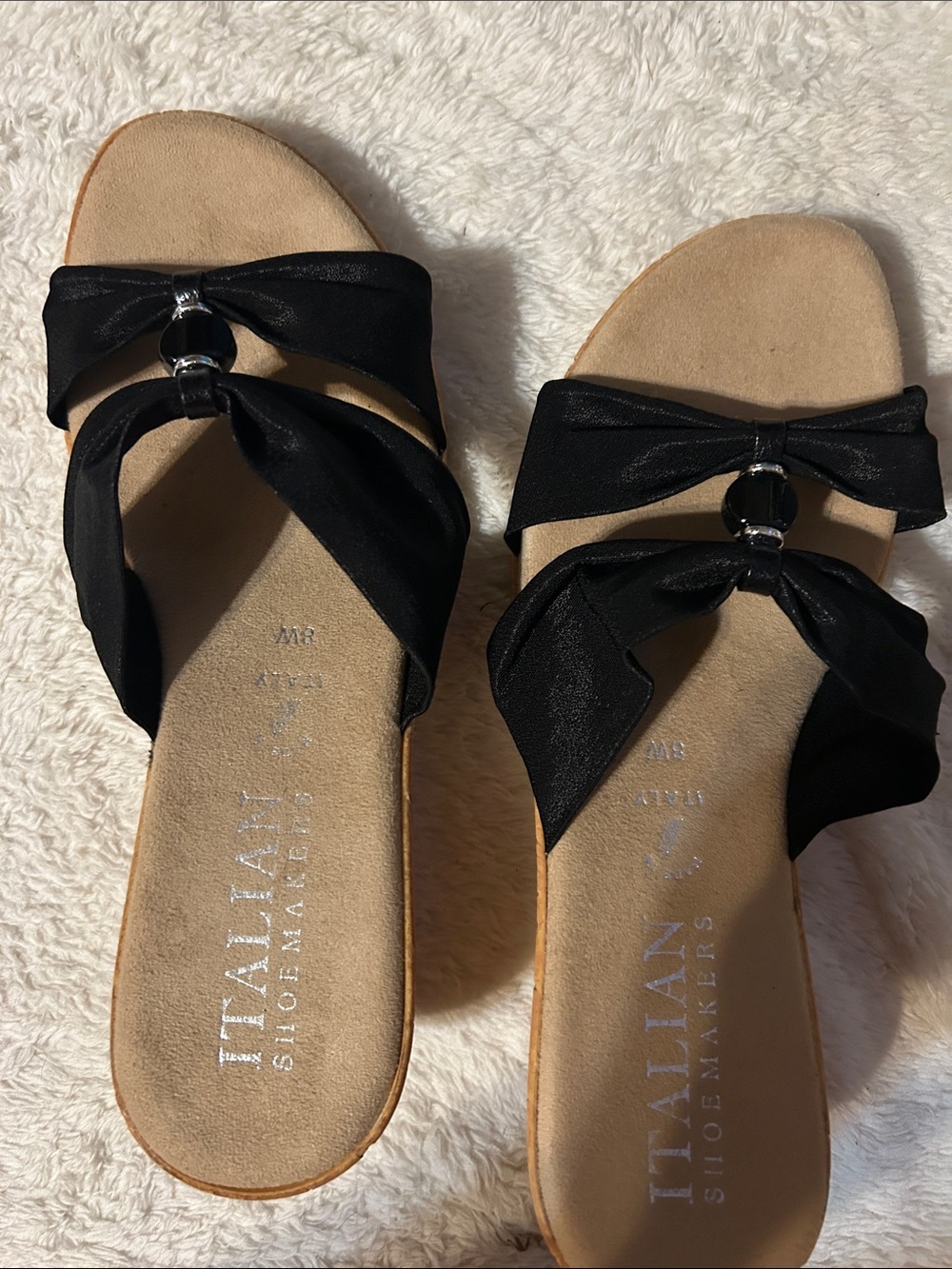 Italian Shoemakers Black Bow Slide Sandals with Silver Ring Accent